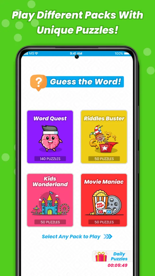 The puzzle pack menu on a phone