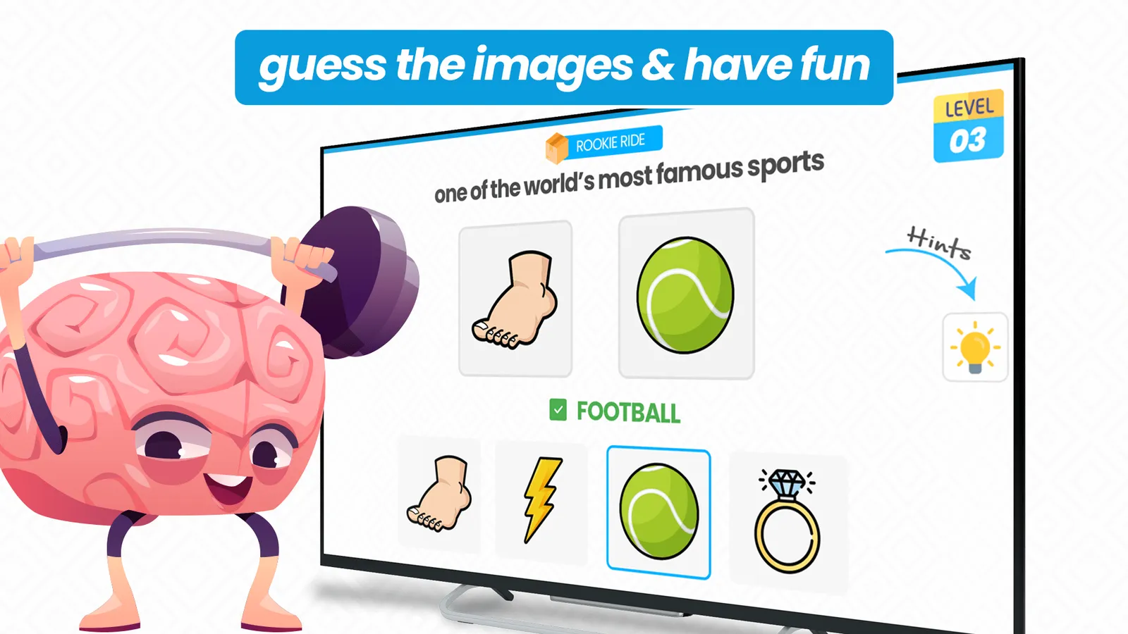 A Guess the Word puzzle with large picture choices on a TV
