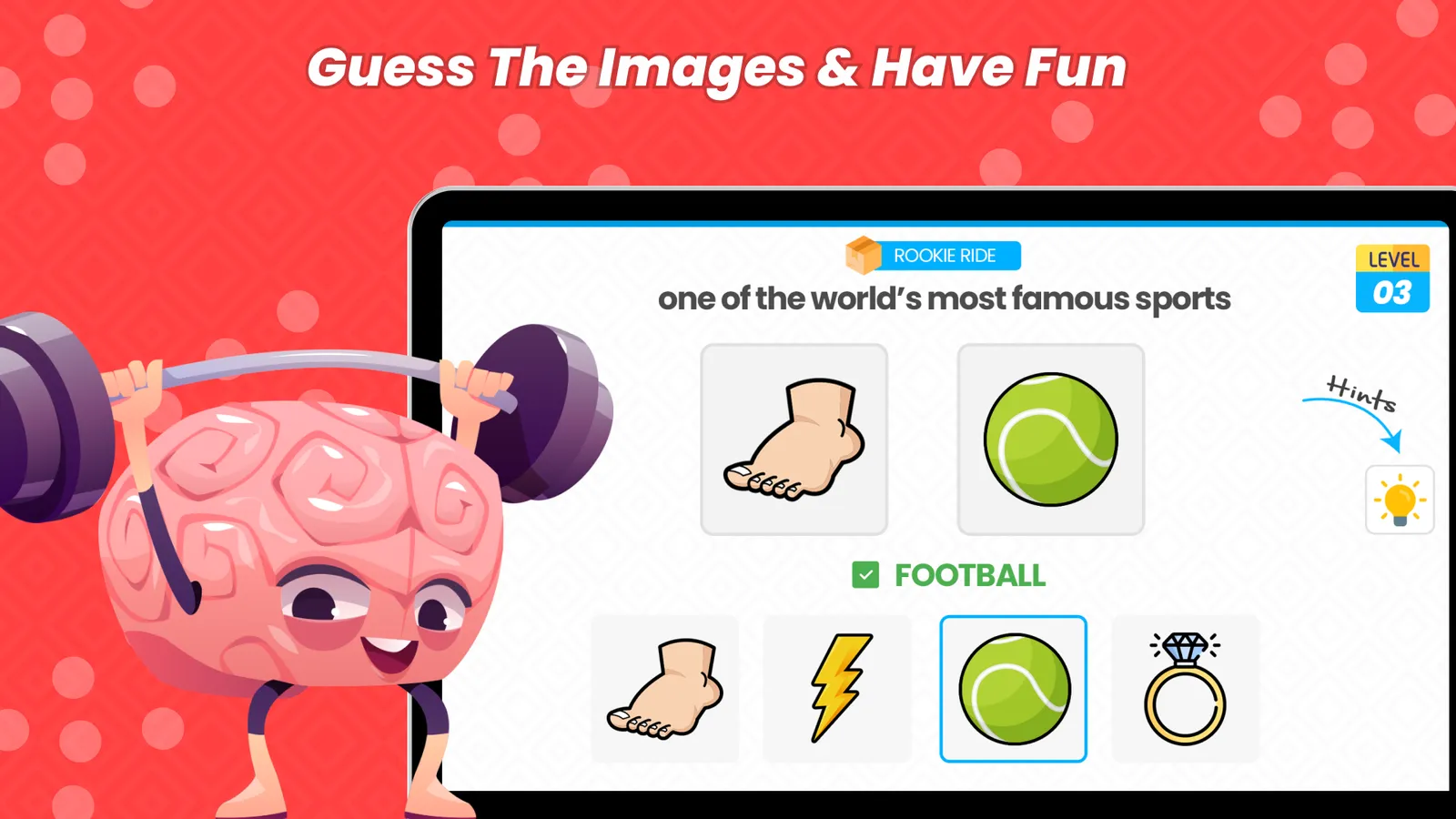 Guess the Word on a TV: a clue about sports, four pictures and the answer FOOTBALL
