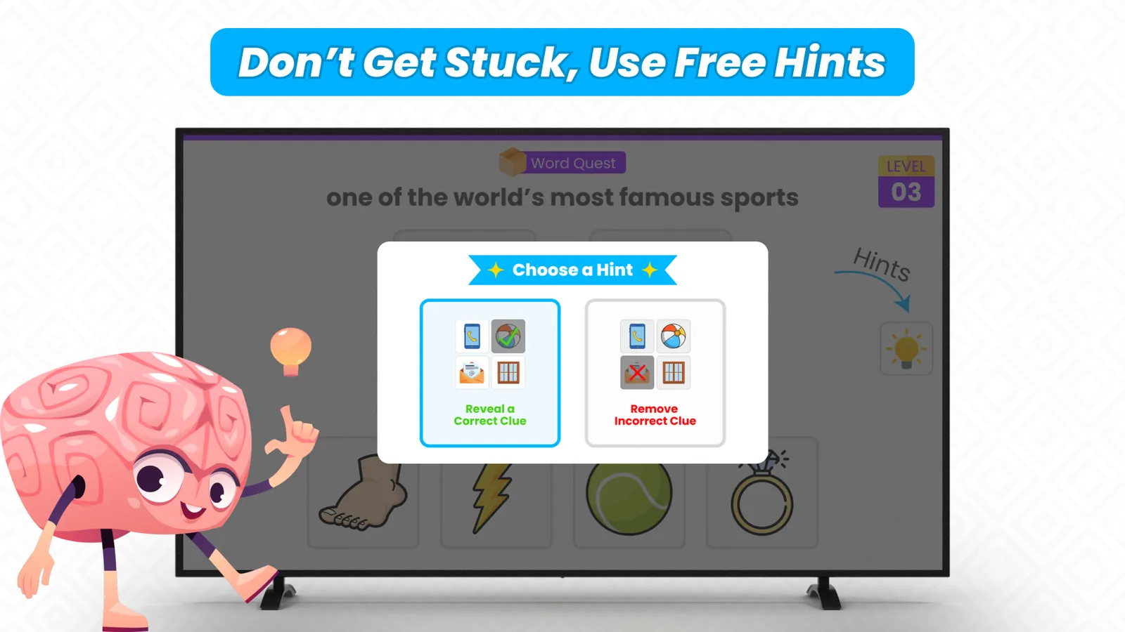 The free hints menu shown on a TV