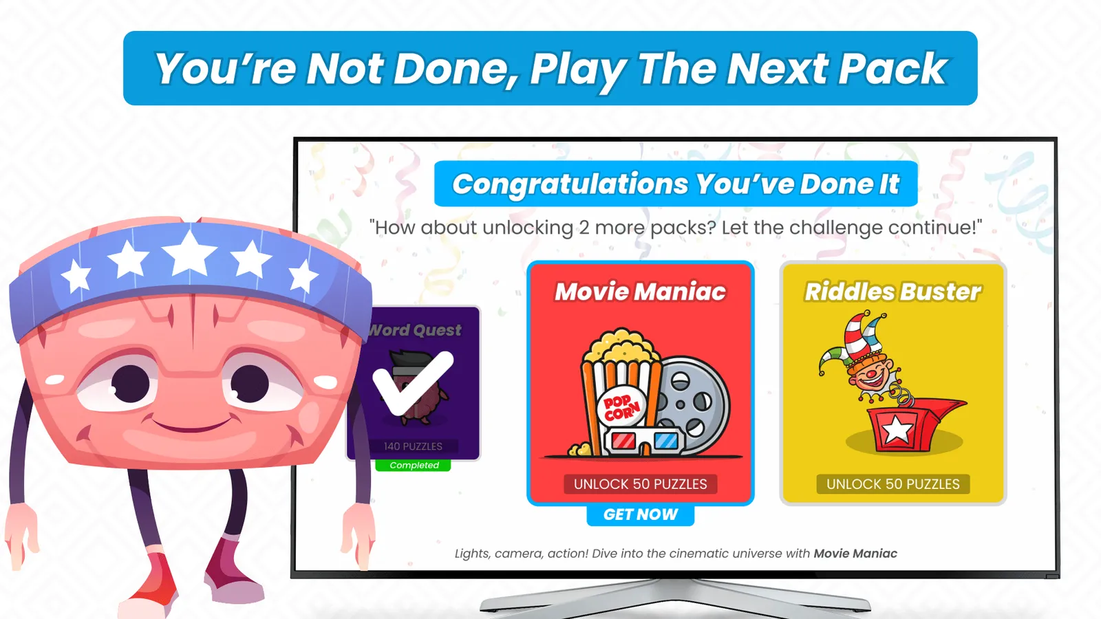 A screen celebrating a finished pack and offering the next ones