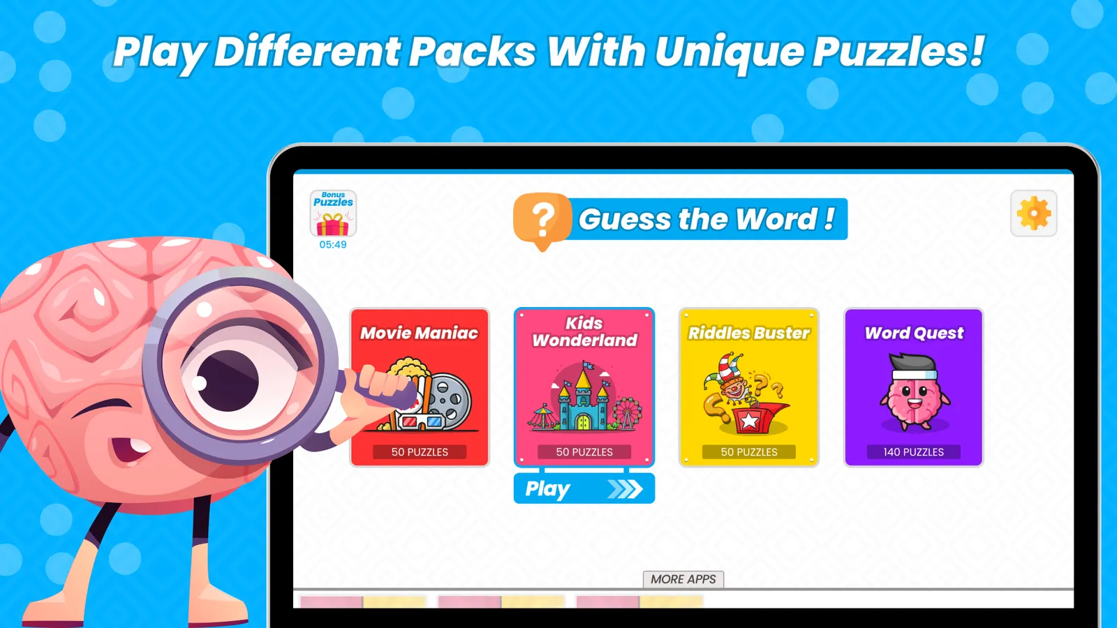 The pack menu on a TV, with Movie Maniac, Kids Wonderland, Riddles Buster and Word Quest