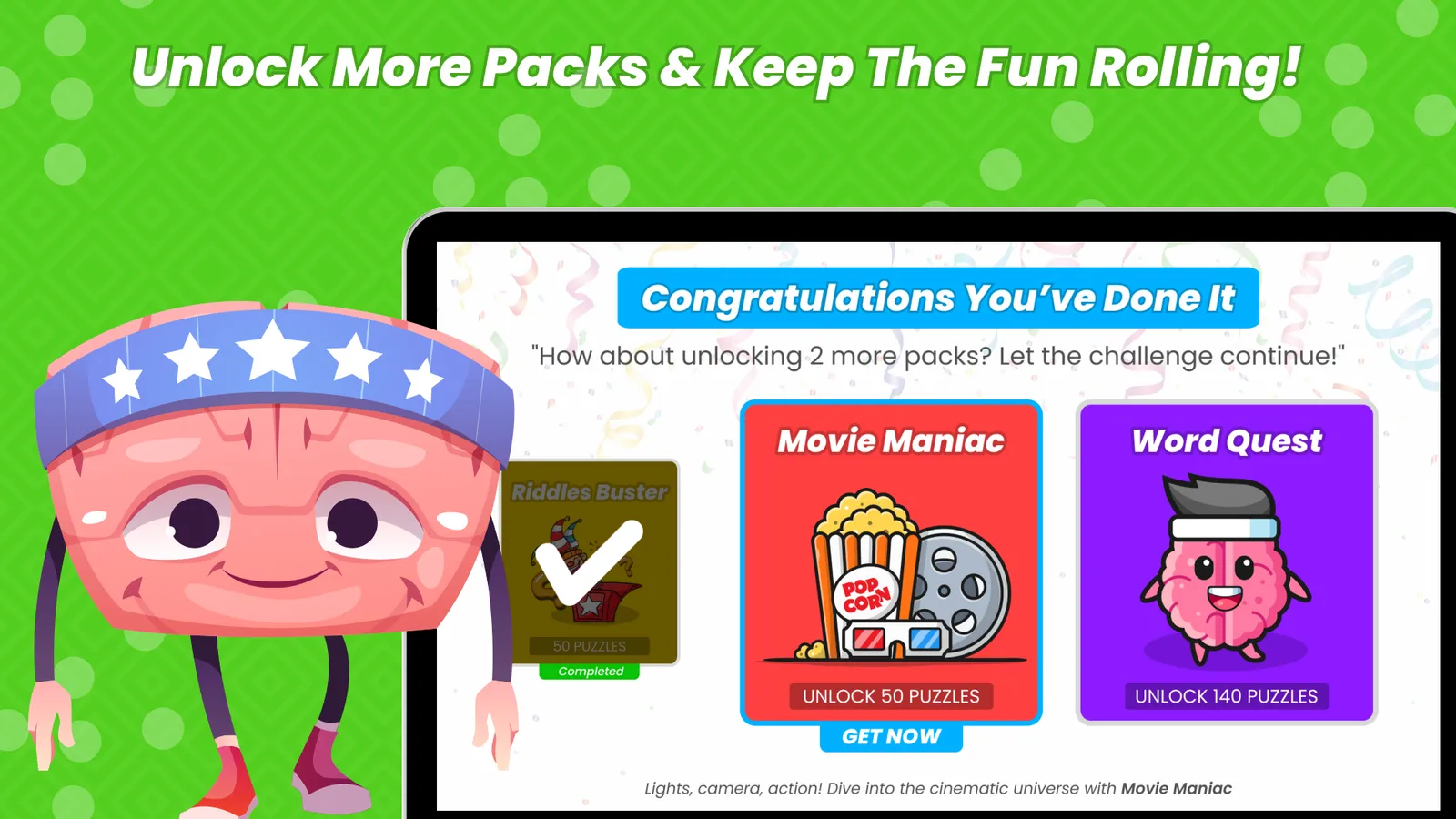 A congratulations screen inviting the player to unlock Movie Maniac and Word Quest